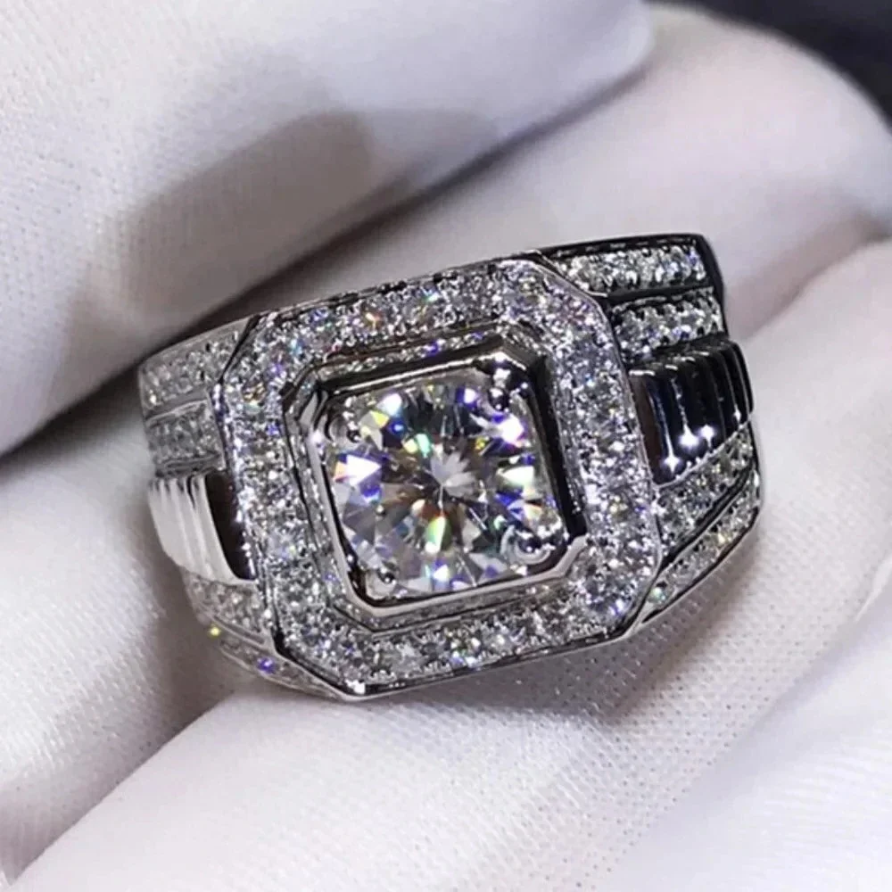 🍁 Fever Square Glitter Zircon Silver Chunky Wedding Rings for Man, PD663